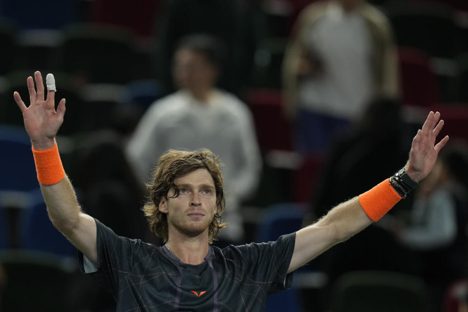 Andrey Rublev of Russia reacts after defeating Ugo Humbert of France in the men's singles quarterfinal match of the Shanghai Masters tennis tournament at Qizhong Forest Sports City Tennis Center in Shanghai, China, Friday, Oct. 13, 2023. (AP Photo/Andy Wong)