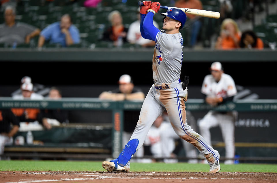 BALTIMORE, MD - SEPTEMBER 17:  Cavan Biggio #8 of the Toronto Blue Jays hits a two-run triple in the ninth inning against the Baltimore Orioles at Oriole Park at Camden Yards on September 17, 2019 in Baltimore, Maryland. Biggio hit for the cycle in the game.  (Photo by Greg Fiume/Getty Images)