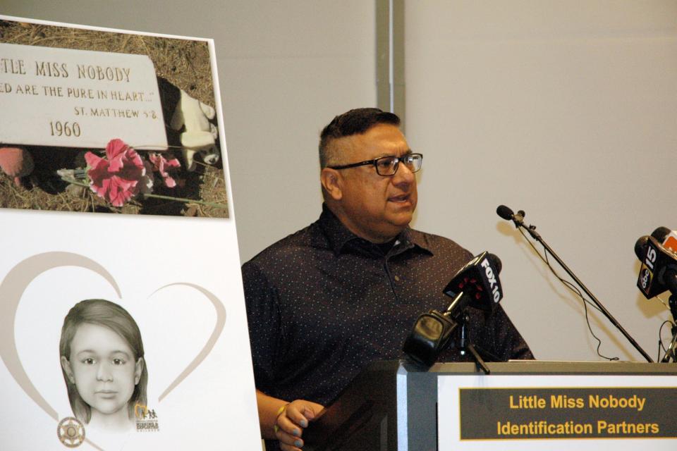 Rey Chavez, the nephew of a little girl dubbed "Little Miss Nobody" who was recently identified, speaks during a news conference in Prescott on March 15, 2022.