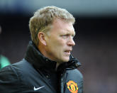 Manchester United's manager David Moyes looks on during their English Premier League soccer match against Everton at Goodison Park in Liverpool, England, Sunday April 20, 2014. (AP Photo/Clint Hughes)