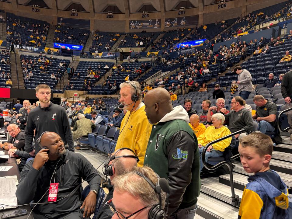 Bob Huggins is interviewed on the UC Bearcat pregame show with former player Terry Nelson and Dan Hoard prior to the UC/West Virginia game Wednesday night.