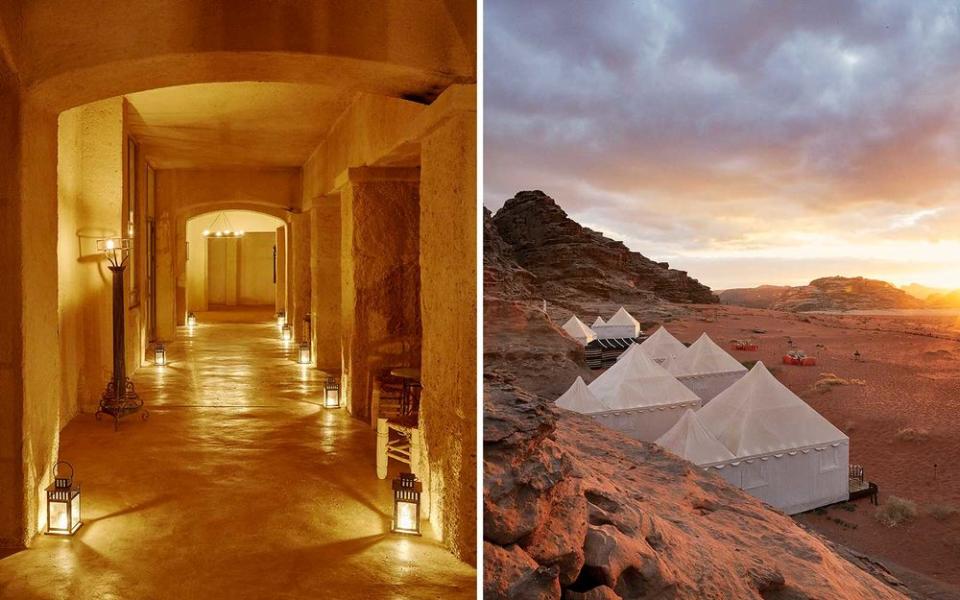 From left: Feynan Eco Lodge, an intimate property located in the Dana Biosphere Reserve, uses no electricity, relying on tiny candles to illuminate the halls and rooms; guest tents at the Discovery Bedu Camp, in Wadi Rum, a protected area in southern Jordan.