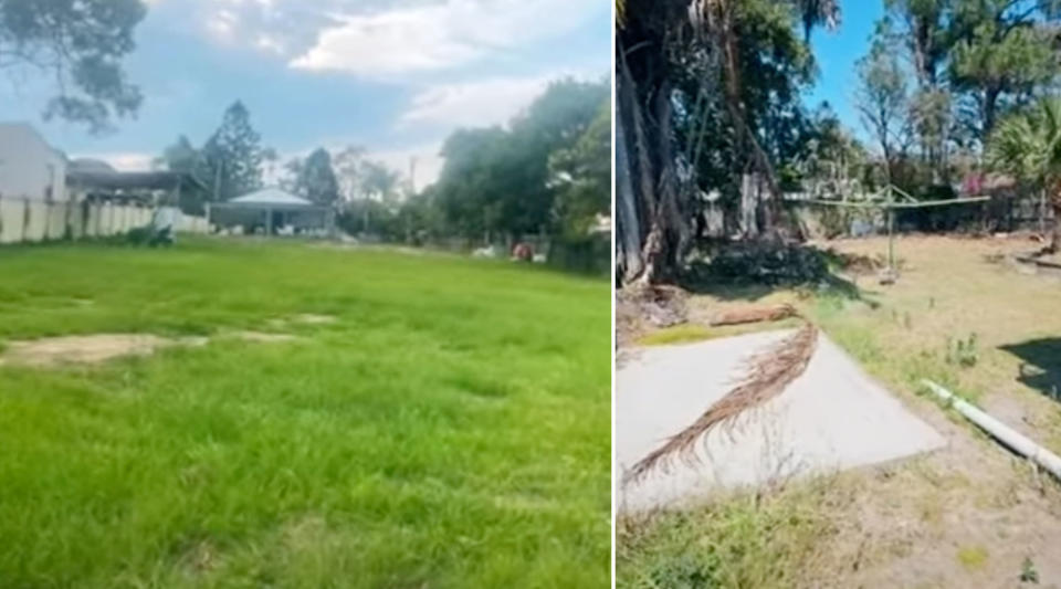 Two backyards, one with grass and another a concrete slab. 