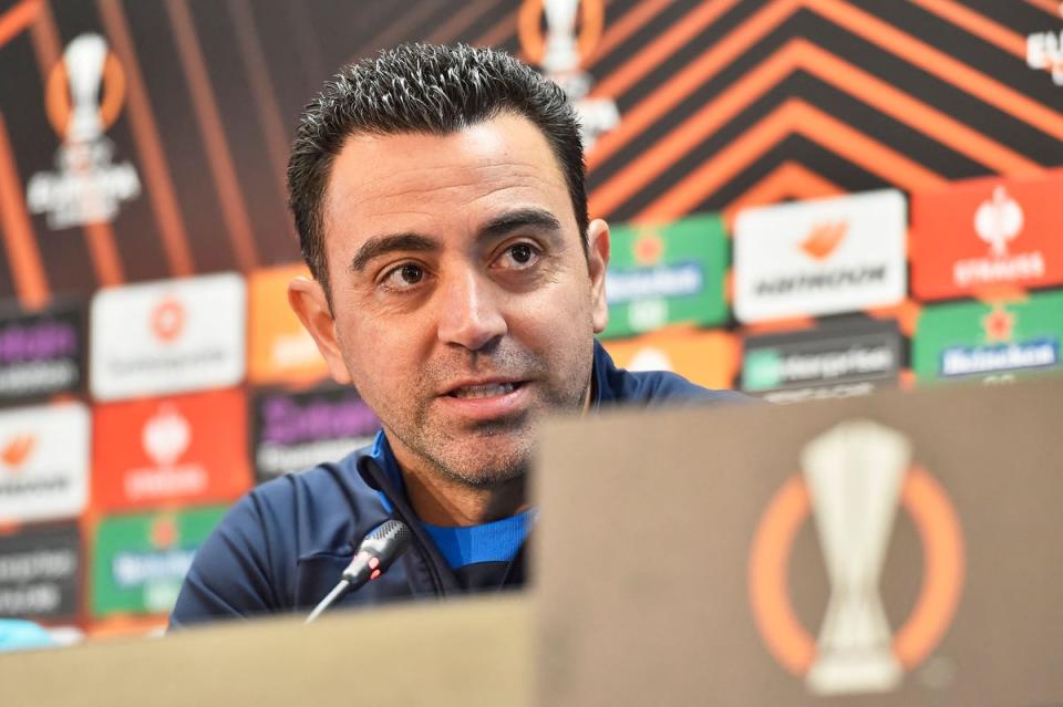 Xavi speaks  before Barcelona’s tie with Manchester United (AFP via Getty Images)