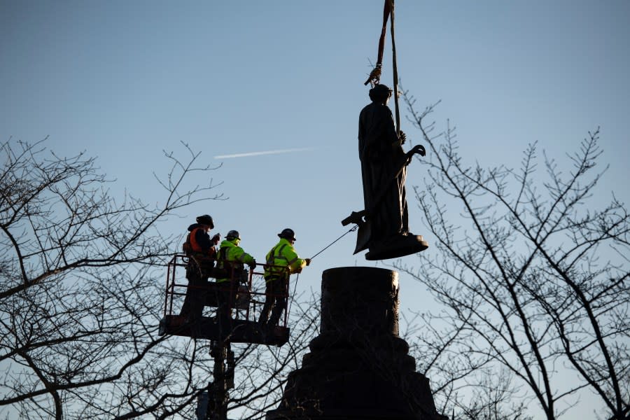 Work continues on the removal of the Confederate Memorial in Section 16 of Arlington National Cemetery, Arlington, Va., Dec. 20, 2023. (U.S. Army photo by Elizabeth Fraser / Arlington National Cemetery / released)