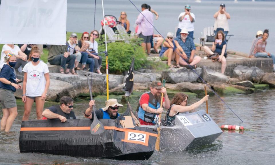 Participants in the 2021 Cardboard Boat Race, hosted by Family and Children's Service of Ithaca.