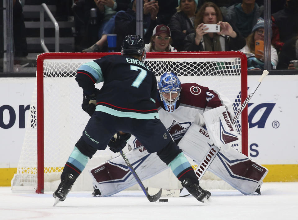 Colorado Avalanche goaltender Pavel Francouz (39) waits for a shot by Seattle Kraken right wing Jordan Eberle, which was blocked, during the shootout in an NHL hockey game, Saturday, Jan. 21, 2023, in Seattle. The Avalanche won 2-1. (AP Photo/Lindsey Wasson)