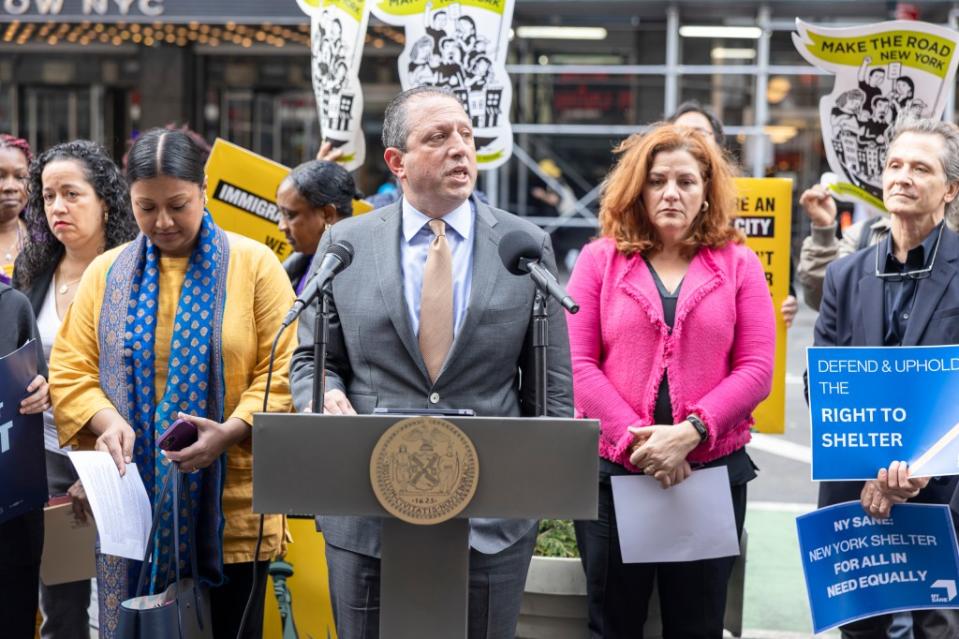 New York City Comptroller Brad Lander called for an end to the cap on shelter stays for migrants during a press conference outside the Row Hotel on May 9, 2024. LP Media