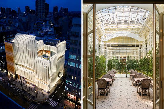 <p>From left: Courtesy of Louis Vuitton; Hiroki Kobayashi</p> From left: Louis Vuitton’s Osaka, Japan, store is home to the brand’s rooftop Le Café V; Gucci Osteria, helmed by chef Massimo Bottura, in Tokyo.