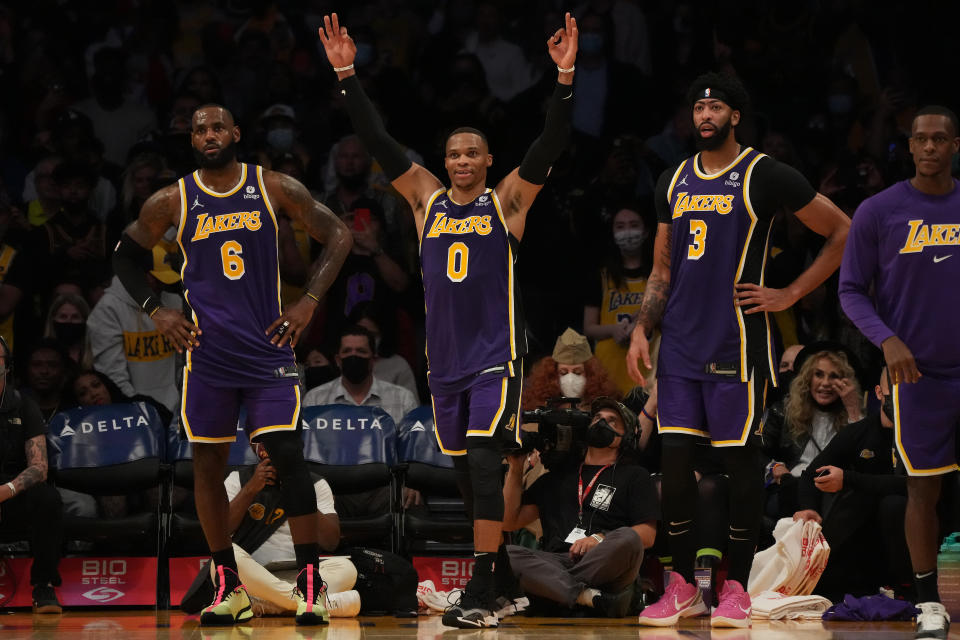 Los Angeles Lakers stars LeBron James, Russell Westbrook and Anthony Davis during a game last season. (Kirby Lee/USA TODAY Sports)