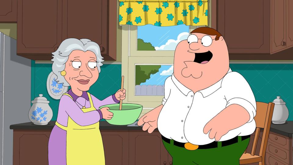 FAMILY GUY, l-r: Evelyn (voice: Lauren Bacall), Peter Griffin (voice: Seth MacFarlane in 'Mom's The Word' (Season 12, Episode 12, aired March 9, 2014). TM and Copyright &Acirc;&copy;20th Century Fox Film Corp. All rights reserved./courtesy Everett Collection