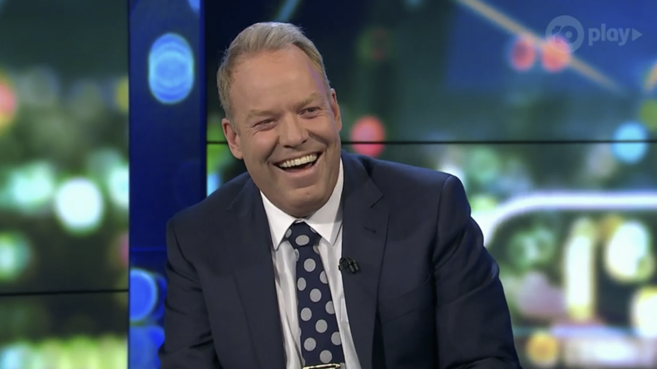 Peter Helliar laughing on The Project