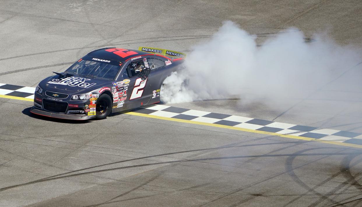 Nick Sanchez celebrates his ARCA victory in Talladega, Alabama, this spring, one of three he has had this season.