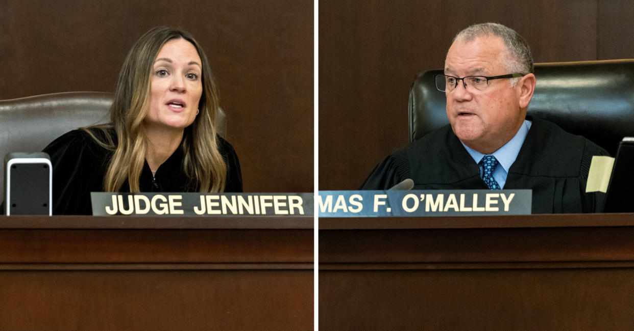 A diptych photo shows Judge Jennifer O'Malley, left, a White woman, and Judge Thomas F. O'Malley, right, a White man, in judge's robes and seated in a courtroom.  