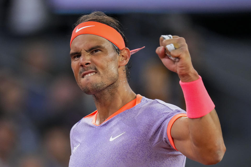 Rafael Nadal durante el partido contra Jiri Lehecka en el Abierto de Madrid, el martes 30 de abril de 2024. (AP Foto/Manu Fernández)