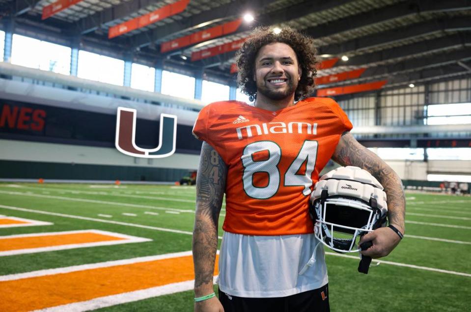 Hurricanes tight end Cam McCormick (84) poses after talking to the press after the University of Miami Hurricanes football practice on Tuesday, March 21, 2023, on campus in Coral Gables. McCormick transferred to Miami from Oregon in January.