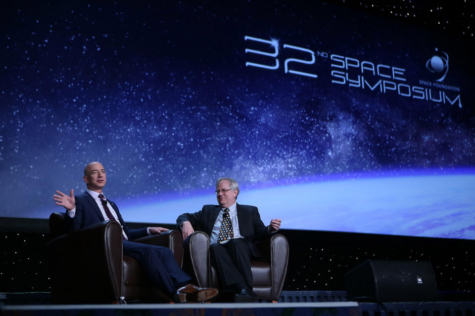 Jeff Bezos, CEO of the private spaceflight company Blue Origin, talking with science writer Alan Boyle at the National Space Symposium on April 12, 2016.