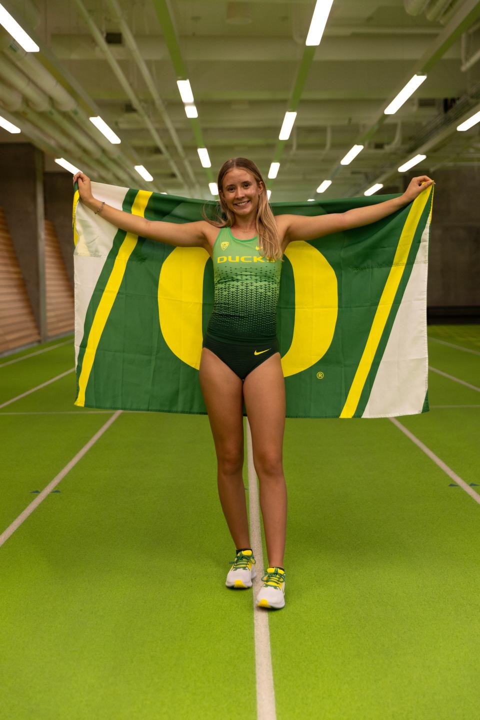 Goodyear Millennium senior Landen LeBlond poses for a photo at Hayward Field at the University of Oregon in Eugene.