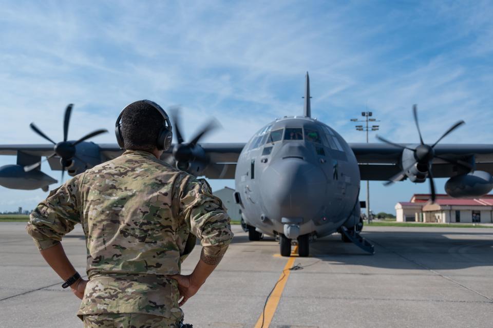 An HC-130J Combat King II aircraft prepares for takeoff before departing Patrick Space Force Base on Monday in anticipation of Hurricane Ian.