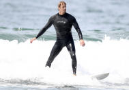 <p>Joel Kinnaman catches a few waves at the beach on Sunday in L.A.</p>
