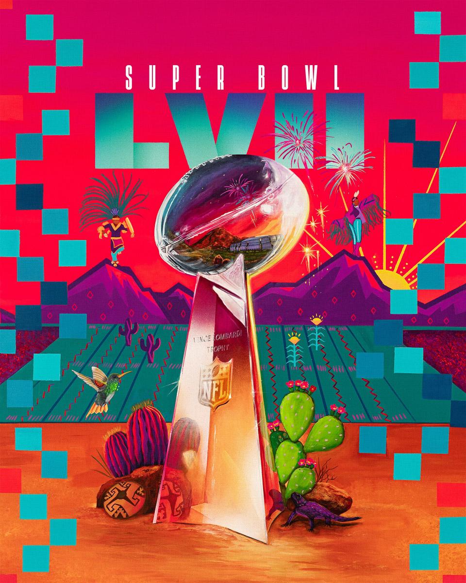 Super Bowl 57 artwork, which was designed by Lucinda “La Morena" Hinojos. She is the first Chicana and Native-American artist to design artwork for the NFL.