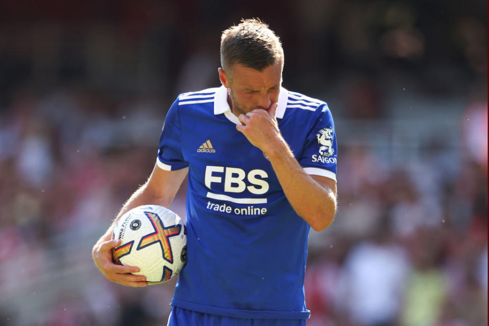 Jamie Vardy of Leicester City holds the ball in anticipation of taking a penalty before the decision was overturned by VAR during the Premier League match between Arsenal FC and Leicester City at Emirates Stadium on August 13, 2022 in London, United Kingdom.