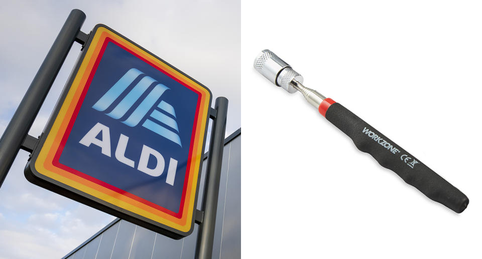 Aldi sign, pick-up tool toy