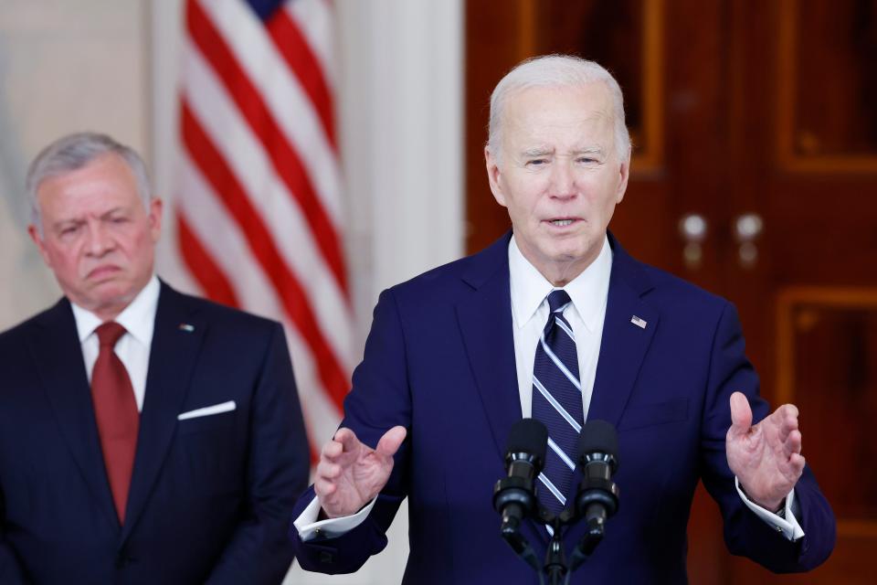 WASHINGTON, DC - FEBRUARY 12: U.S. President Joe Biden delivers remarks alongside King of Jordan Abdullah II ibn Al Hussein after a meeting at the White House on February 12, 2024 in Washington, DC. The King of Jordan is visiting the Nation's capital as part of his yearly visit amidst ongoing hostage negotiations between Hamas and Israel and after a strike killed three U.S. soldiers at a military base in northeast Jordan. (Photo by Anna Moneymaker/Getty Images) (Photo by Anna Moneymaker/Getty Images) ORG XMIT: 776105598 ORIG FILE ID: 2006090823