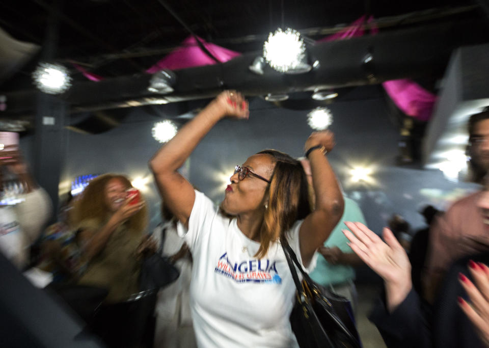 Angelia Williams Graves celebrates with supporters in Norfolk, Va., Tuesday, June 20, 2023, for a primary-night watch party. Angelia Williams Graves was running against Andria McClellan in the Democratic primary for state Senate District 21. (Bill Tiernan/The Virginian-Pilot via AP)