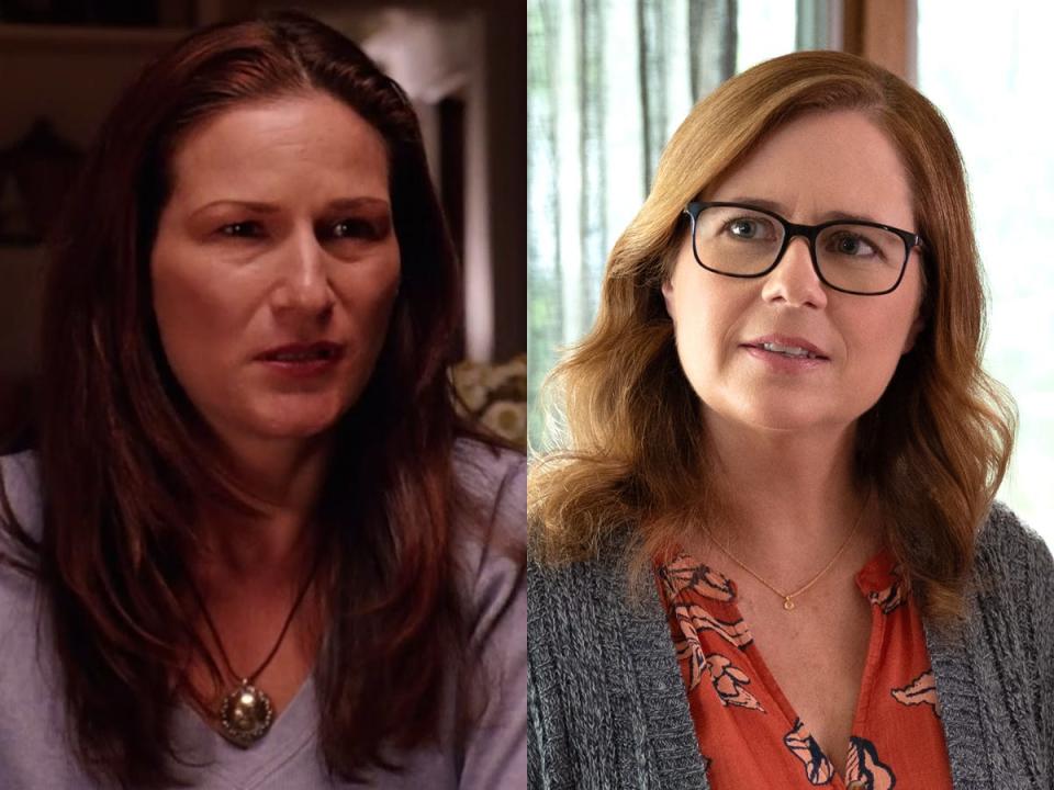 Left: Ana Gasteyer as Mrs. Heron in the 2004 version of "Mean Girls." Right: Jenna Fischer as Mrs. Heron in the 2024 version of "Mean Girls."