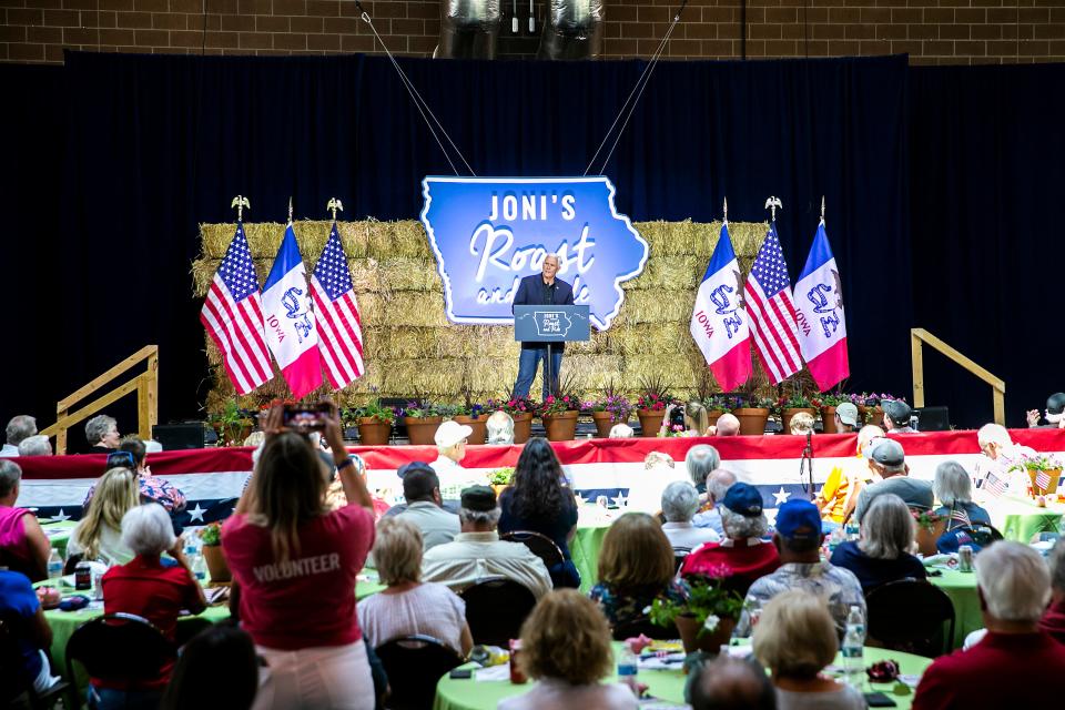 Former Vice President Mike Pence speaks during the annual Roast and Ride fundraiser for U.S. Sen. Joni Ernst, Saturday, June 3, 2023, at the Iowa State Fairgrounds in Des Moines, Iowa.