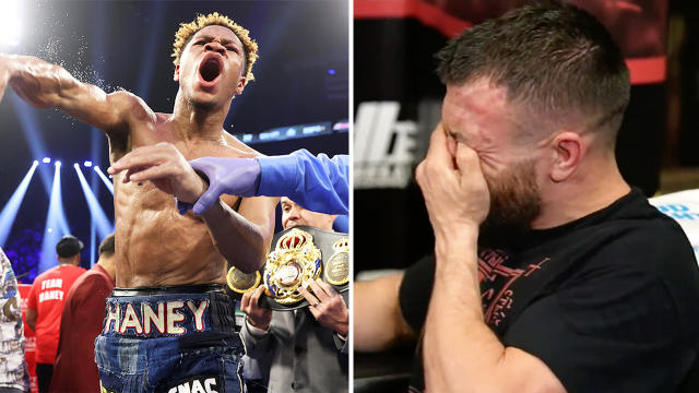 Devin Haney celebrates his win and Vasily Lomachenko in tears after the fight.