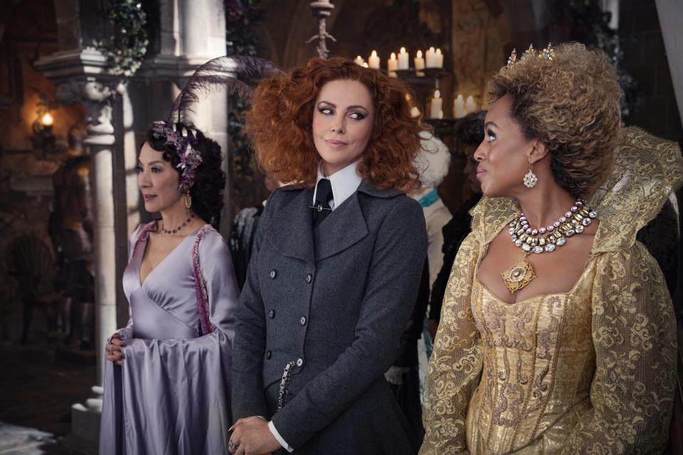 Michelle Yeoh (from left), Charlize Theron and Kerry Washington star as professors at an enchanted school in the Netflix fairy-tale adventure "The School for Good and Evil."