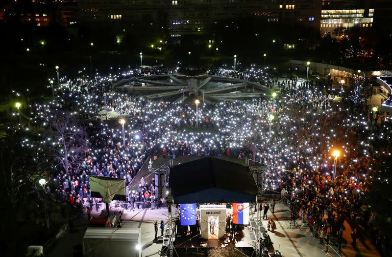 A general view of a protest rally marking the second anniversary of the murder of the investigative reporter Jan Kuciak and his fiancee Martina Kusnirova, one week ahead of country's parliamentary election in Bratislava