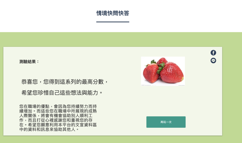 「心快活平台」的上班人緣快問快答測驗，可以了解自己在辦公室的人際關係狀態。（圖取自心快活心理健康學習平台）