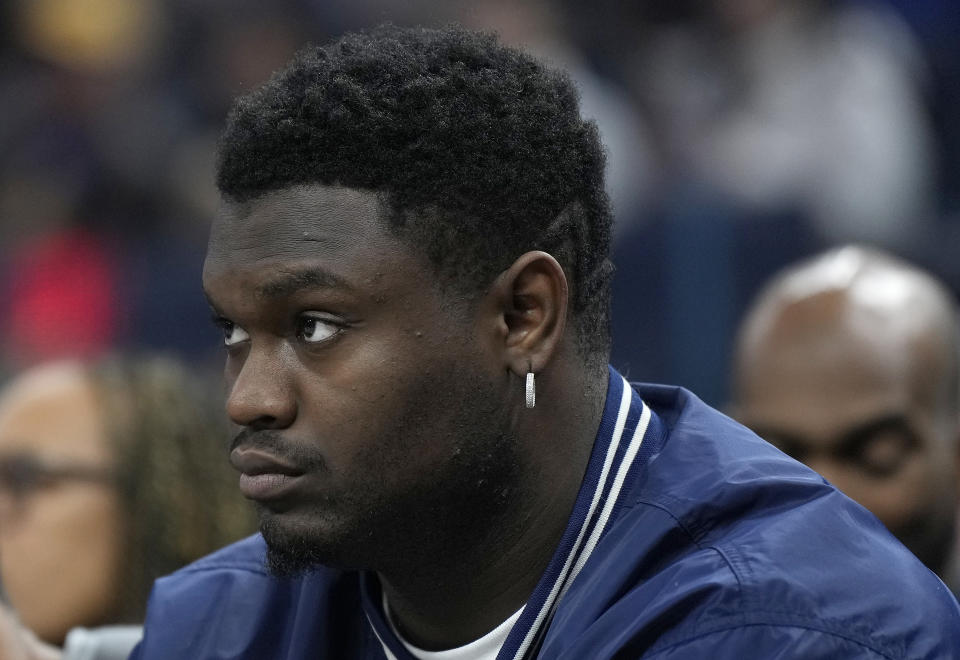 SAN FRANCISCO, CALIFORNIA - MARCH 03: Injured Zion Williamson #1 of the New Orleans Pelicans looks on from the bench against the Golden State Warriors during an NBA basketball game at Chase Center on March 03, 2023 in San Francisco, California. NOTE TO USER: User expressly acknowledges and agrees that, by downloading and or using this photograph, User is consenting to the terms and conditions of the Getty Images License Agreement. (Photo by Thearon W. Henderson/Getty Images)