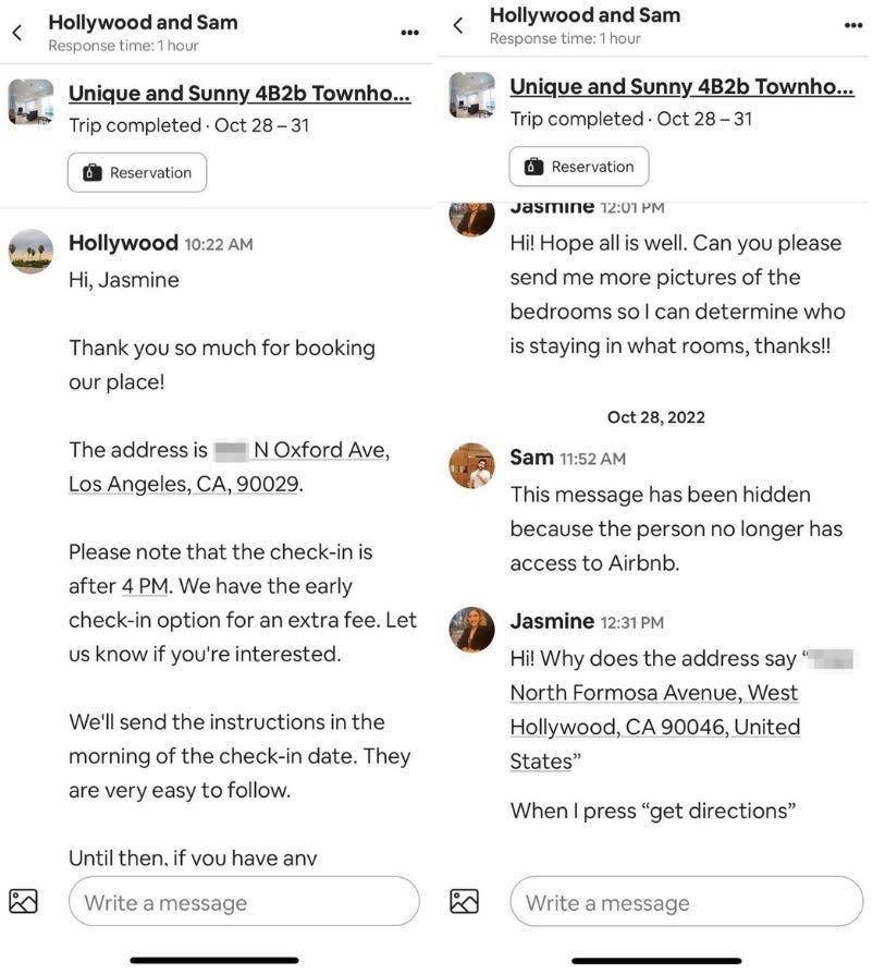 Airbnb messages between Jasmine Alvarez and Hollywood Home.