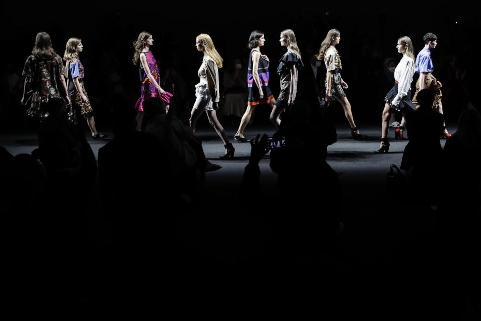Models wear creations part of the Shi.RT women's Spring-Summer 2021 ready-to-wear collection, that was presented in Milan, Italy, Sunday, Sept. 27, 2020. (AP Photo/Luca Bruno).