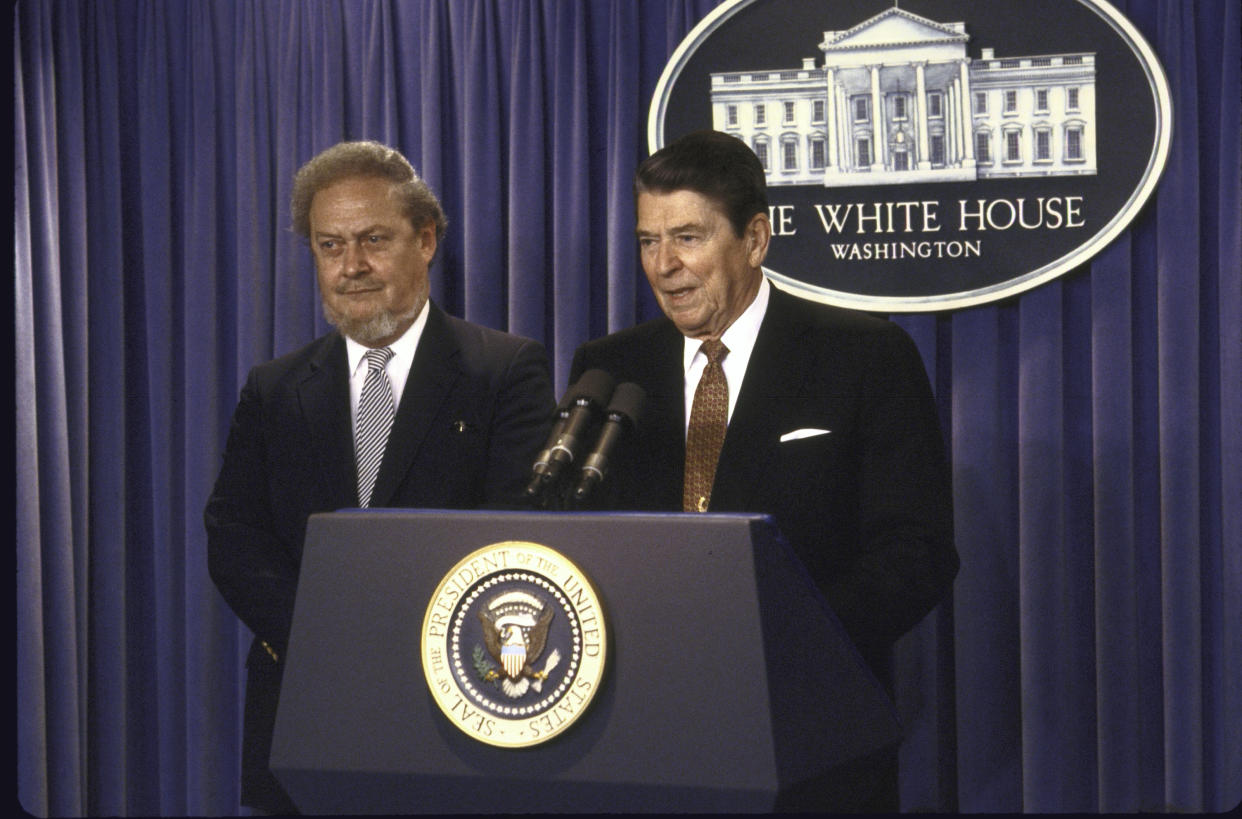 US President Ronald W. Reagan speaking at a press conference while standing with his Supreme Court Justice nominee Robert H. Bork.  (Diana Walker/The LIFE Images Collection via Getty Images)