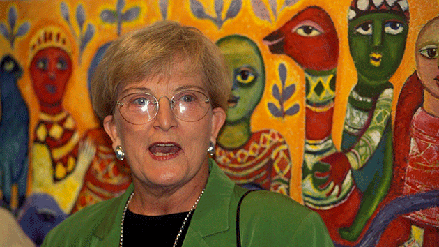 Hazel Hawke at Mirka Mora exhibition at Mary Place gallery in 1996 in Sydney. Credit: Getty