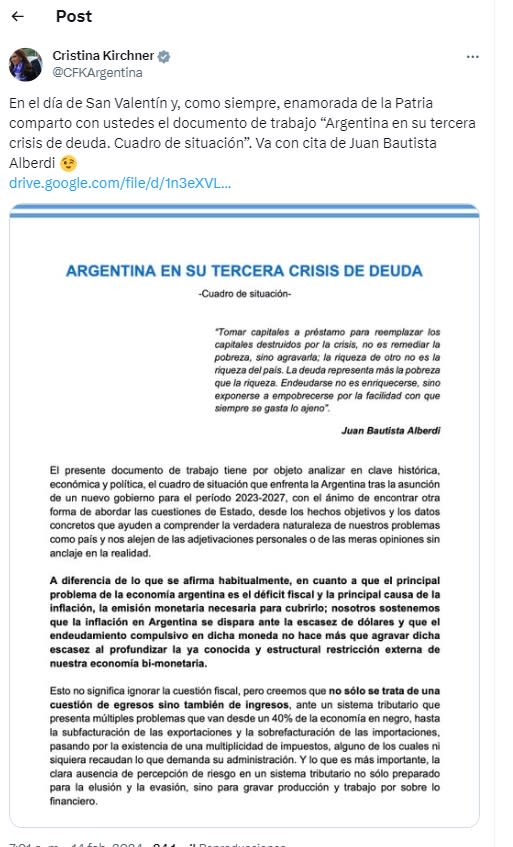 CFK La ex presidenta difundió en redes sociales un análisis de la 
