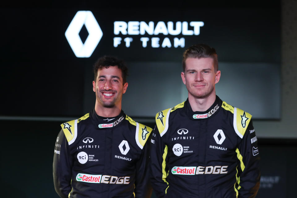 Renault’s German driver Nico Hulkenberg (R) and their new Australian driver Daniel Ricciardo (L) pose during the 2019 Renault Formula One team season launch at Whiteways Technical Centre in Enstone, northwest of Oxford, on February 12, 2019. Photo: DANIEL LEAL-OLIVAS/AFP/Getty Images