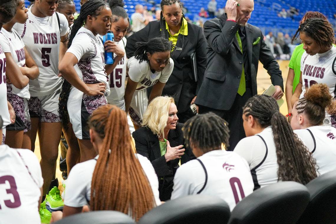 Mansfield Timberview coach Kit Kyle addresses her team during a time out against against Cedar Park in a Class 5A state semifinal on Thursday, February 29, 2024 at the Alamodome in San Antonio, Texas. Timberview defeated Cedar Park 67-45. Whitney Magness/University Interscholastic League