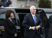 <p>Vice President-elect Mike Pence and his wife Karen, arrives for a church service at St. John's Episcopal Church across from the White House in Washington, Friday, Jan. 20, 2017, on Donald Trump’s inauguration day. (Photo: Alex Brandon/AP) </p>