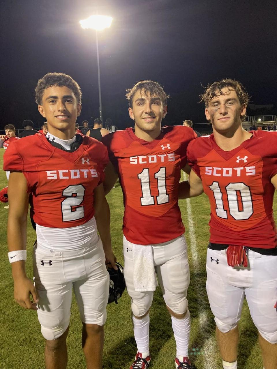 From left: Saint Andrew's football players Teddy Hoffman, Dylan Mayers and Jackson Parke after a preseason game against Palmer Trinity on Jan. 17, 2023 in Boca Raton.