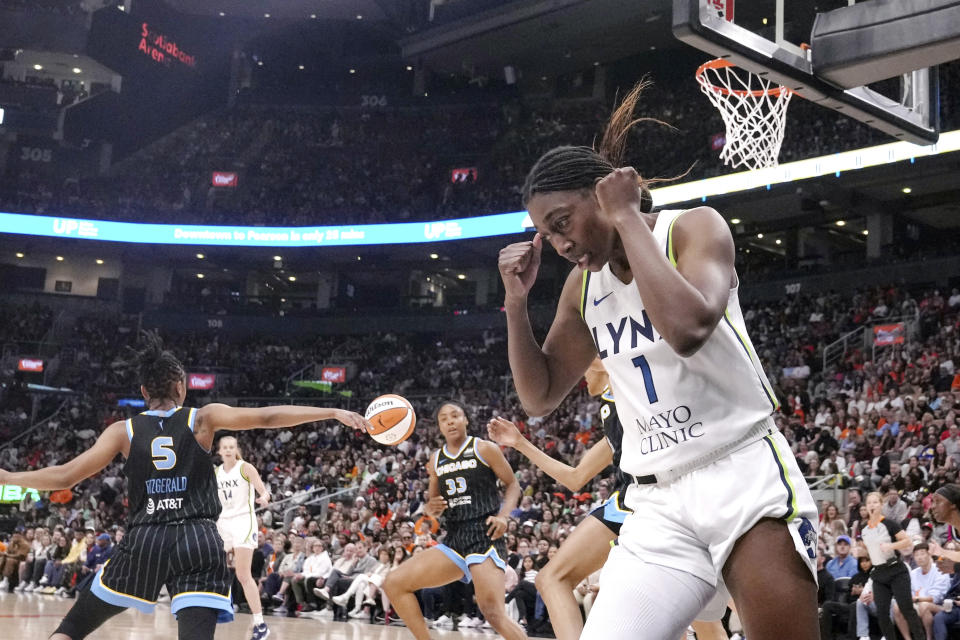 Minnesota Lynx's Diamond Miller celebrates after scoring against the Chicago Sky during the first half of a preseason WNBA basketball game in Toronto, Saturday May 13, 2023. (Chris Young/The Canadian Press via AP)