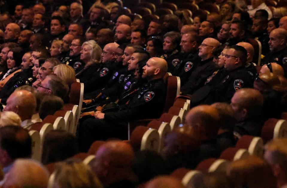 Law enforcement officers, family and friends gather for the funeral of Arlington Police Officer Darrin McMichael on Wednesday, September 27, 2023, at Crossroads Christian Church in Grand Prairie. McMichael, a member of Arlington’s Motorcycle Unit, was killed on September 21 while on his way to work.