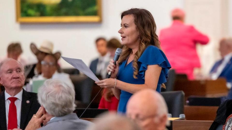 Rep. Tricia Cotham, a Mecklenburg County Republican, debates in favor of a bill that strips the State Board of Education of its power to approve, renew and close charter schools, prior to veto override vote in the House at the General Assembly in Raleigh on Wednesday, Aug 16, 2023.