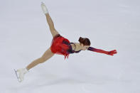 Alexandra Trusova, of Russia, performs during the women's short program at the Skate America figure skating event Saturday, Oct. 23, 2021, in Las Vegas. (AP Photo/David Becker)