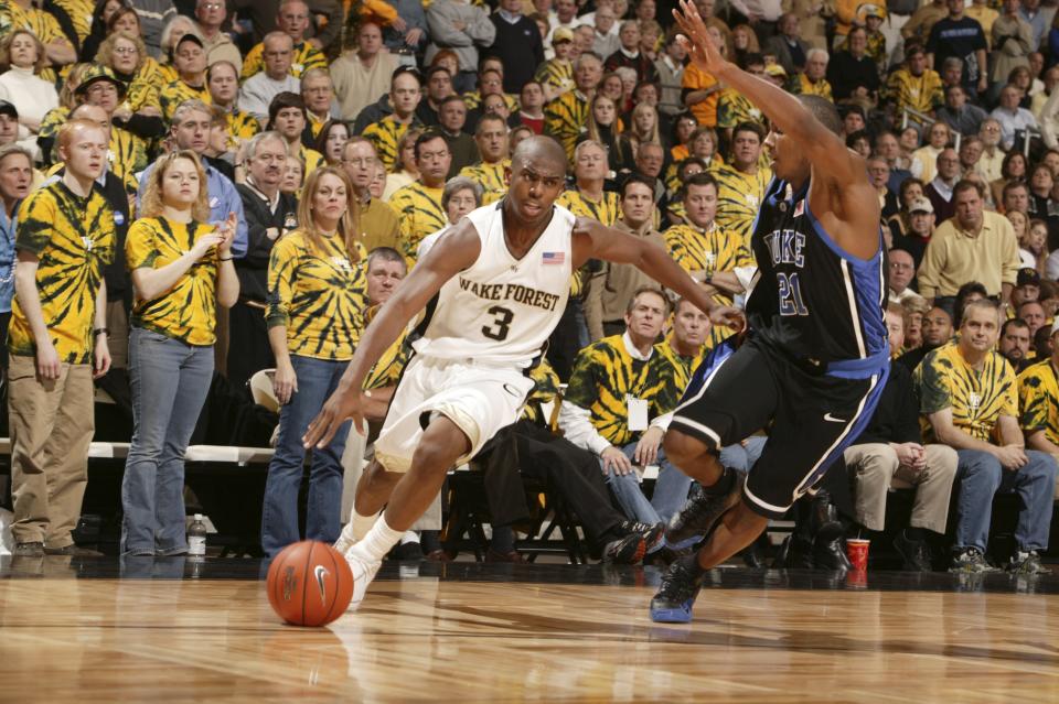 UNITED STATES - FEBRUARY 02:  College Basketball: Wake Forest Chris Paul (3) in action vs Duke DeMarcus Nelson (21), Winston-Salem, NC 2/2/2005  (Photo by David E. Klutho/Sports Illustrated via Getty Images)  (SetNumber: X72796 TK1)